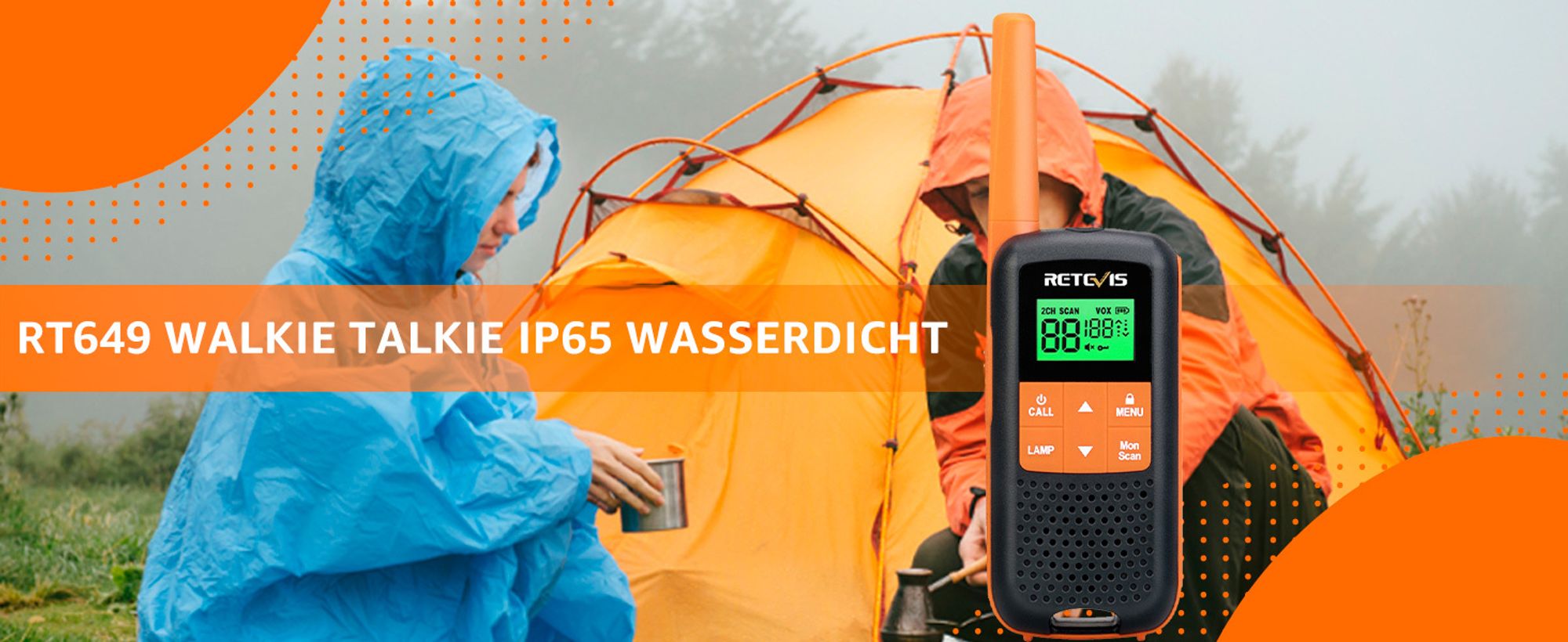 Retevis RT649 Walkie Talkie set, IP65 Wasserdichtes Funkgerät für draußen, PMR446, 16 Kanäle, VOX, LED Taschenlampe, für Outdoor-Aktivitäten