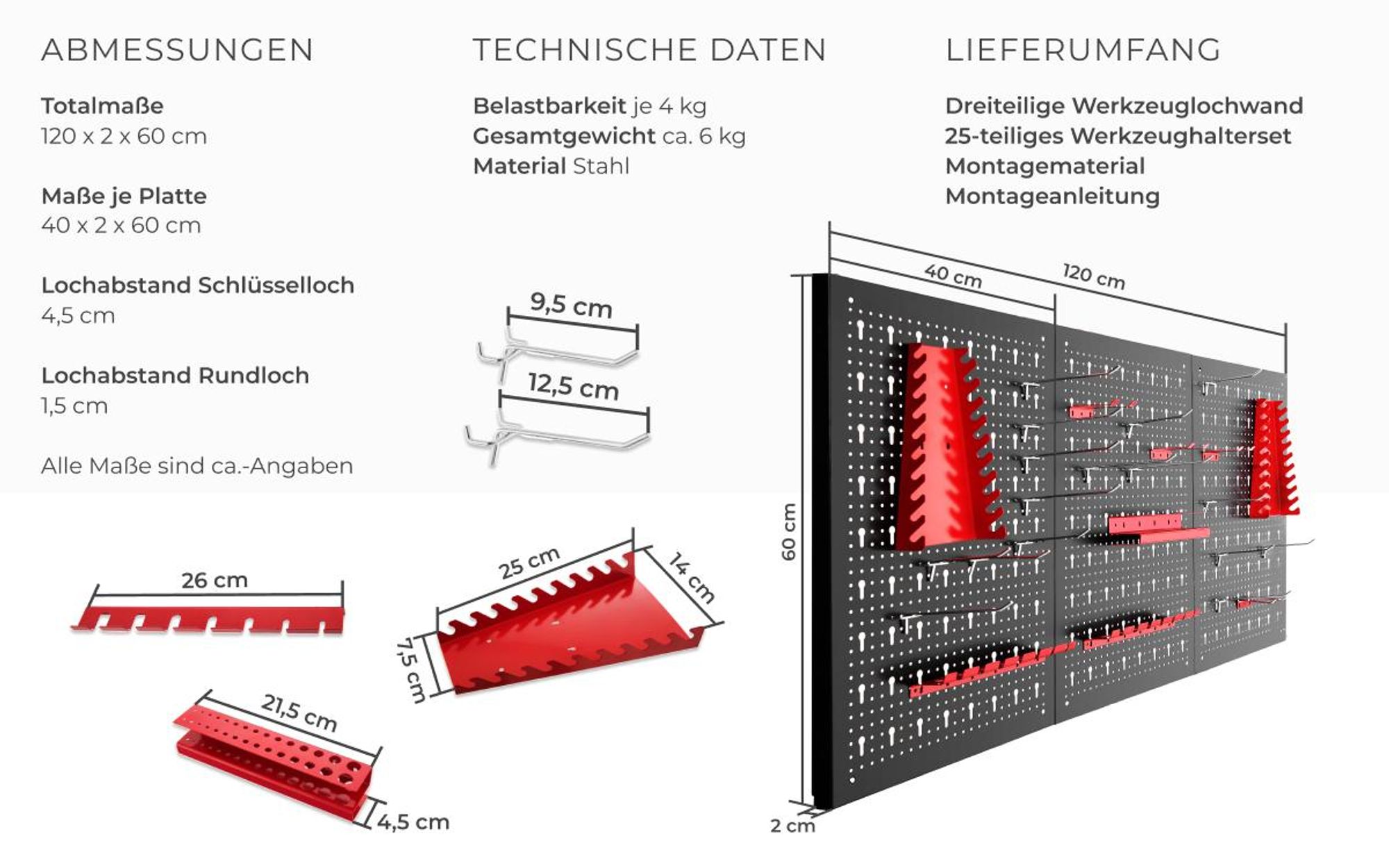 tectake® Werkzeuglochwand dreiteilig, aus Stahl 120 x 3 x 60 cm