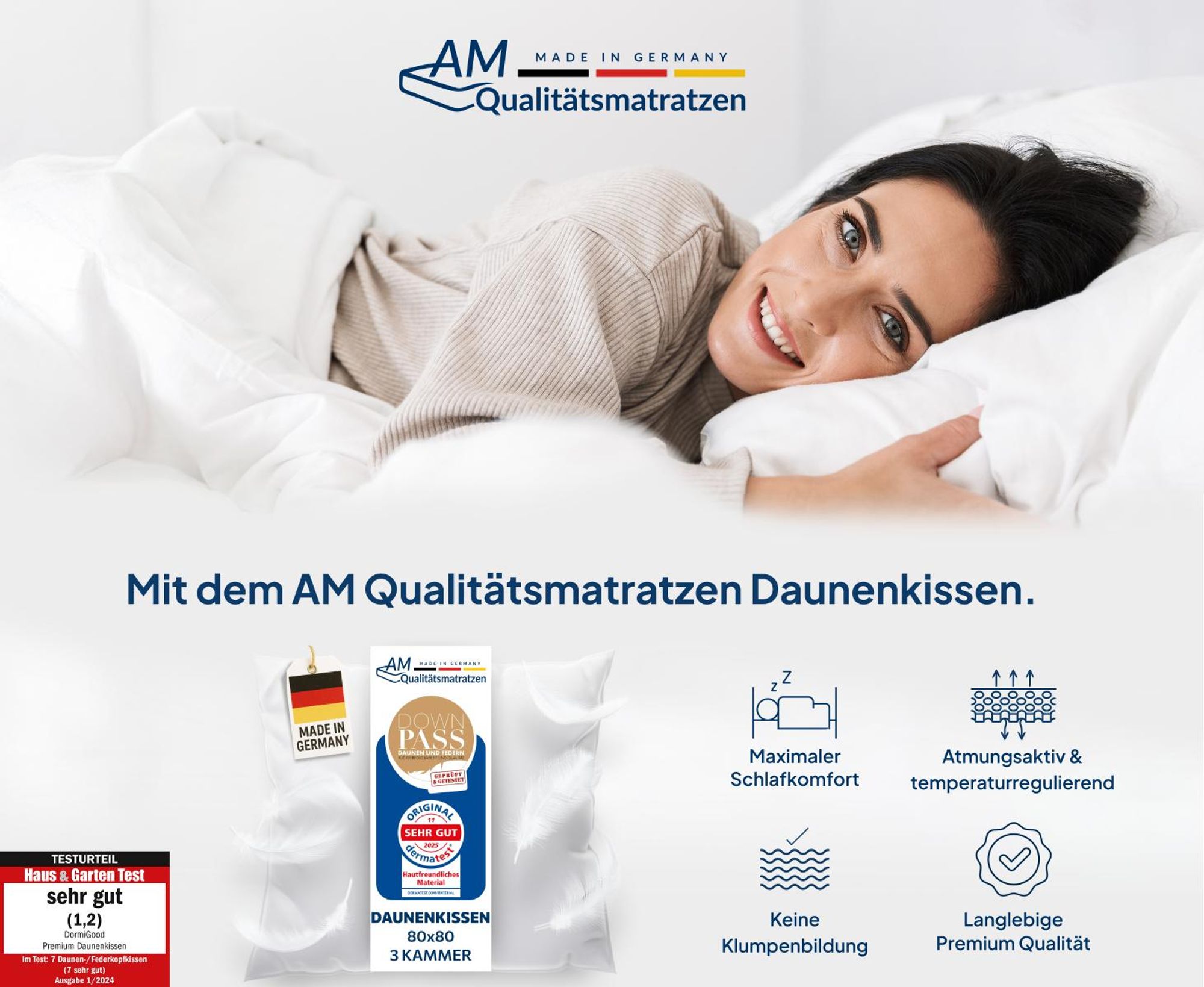 DormiGood | Premium Daunenkissen | 2er Set 40x80 cm | Daunen | Kissen Doppelpack | 40x80 | Kopfkissen | Allergiker geeignet | Nomite | Downpass