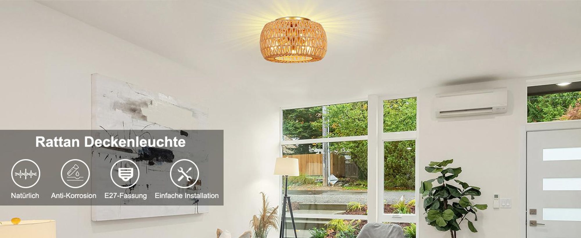 Deckenlampe Boho Vintage Deckenleuchte E27 3-Flammige Pendelleuchte mit Rattan Lampenschirm für Wohnzimmer, Schlafzimmer, Küche, Flur