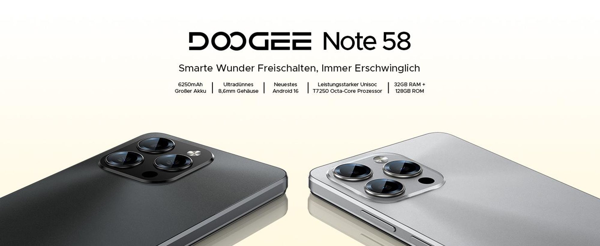 DOOGEE Note 58 Smartphone Handy, Android 16, 6,75" 90Hz, 6250mAh Akku, 32GB RAM+128GB ROM, 4G, 16MP, NFC, Gesichtserkennung, ohne Vertrag