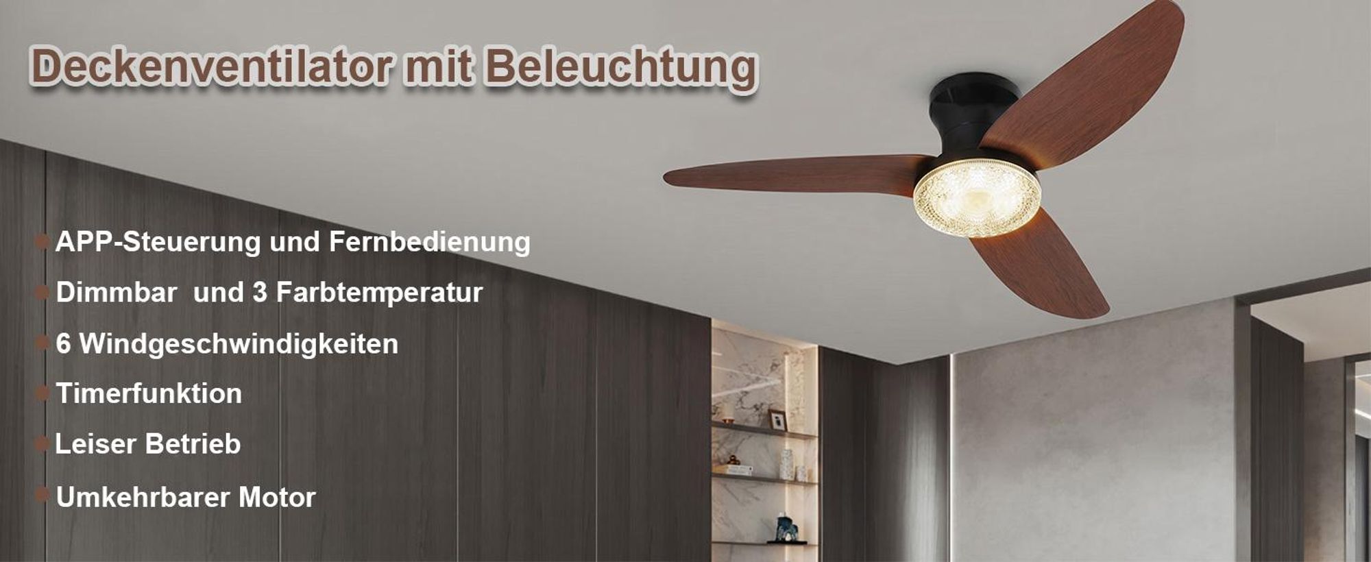 100cm Deckenventilator mit Beleuchtung und Fernbedienung DC Motor 3 Farbtemperatur Dimmbar 6 Stufen APP-Steuerung