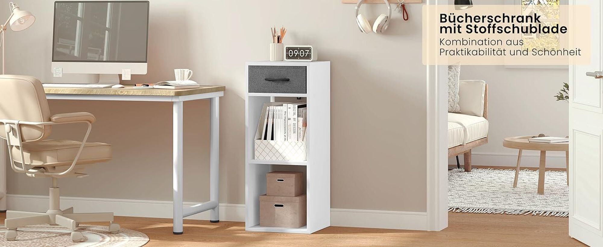 WOLTU Bücherregal mit 3 Ebenen, 1 Stoffschublade 2 Würfeln, 32,4x80x30 cm, Weiß