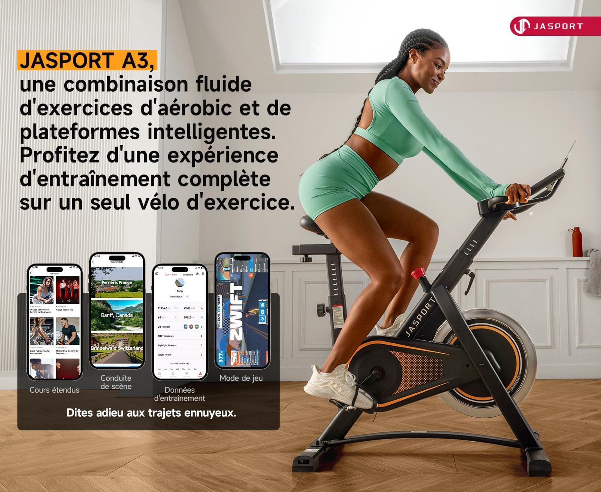 JASPORT A3 ergometro – cyclette silenziosa per allenamento di resistenza con supporto tablet e seduta comoda, ideale per casa