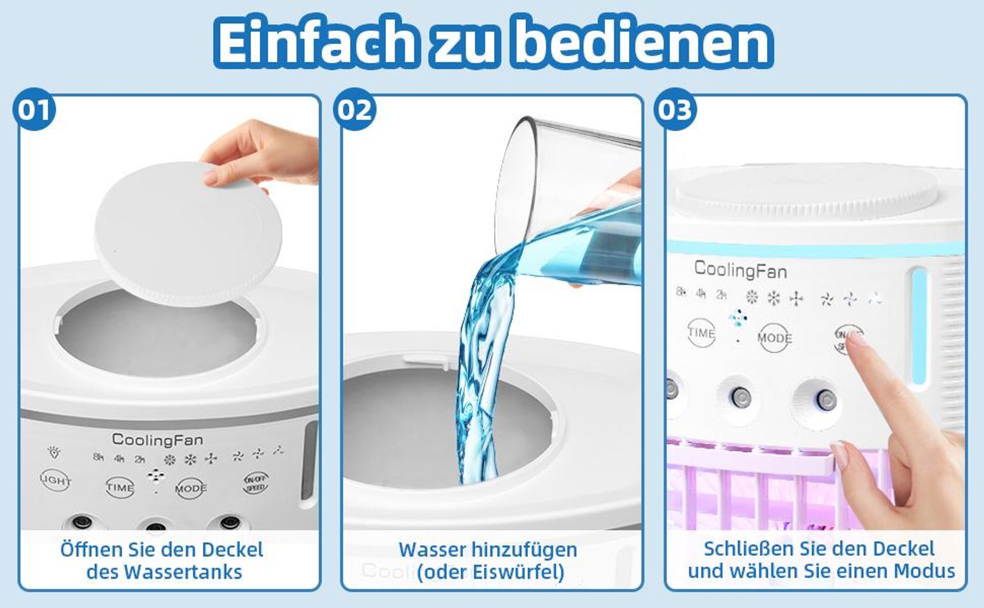 Standventilatoren, Luftkühler mit Wasserkühlung, Ventilator, Nebelventilator mit 1000ml Wassetank, 3Einstellstufen, 7 Farben Nachtlicht