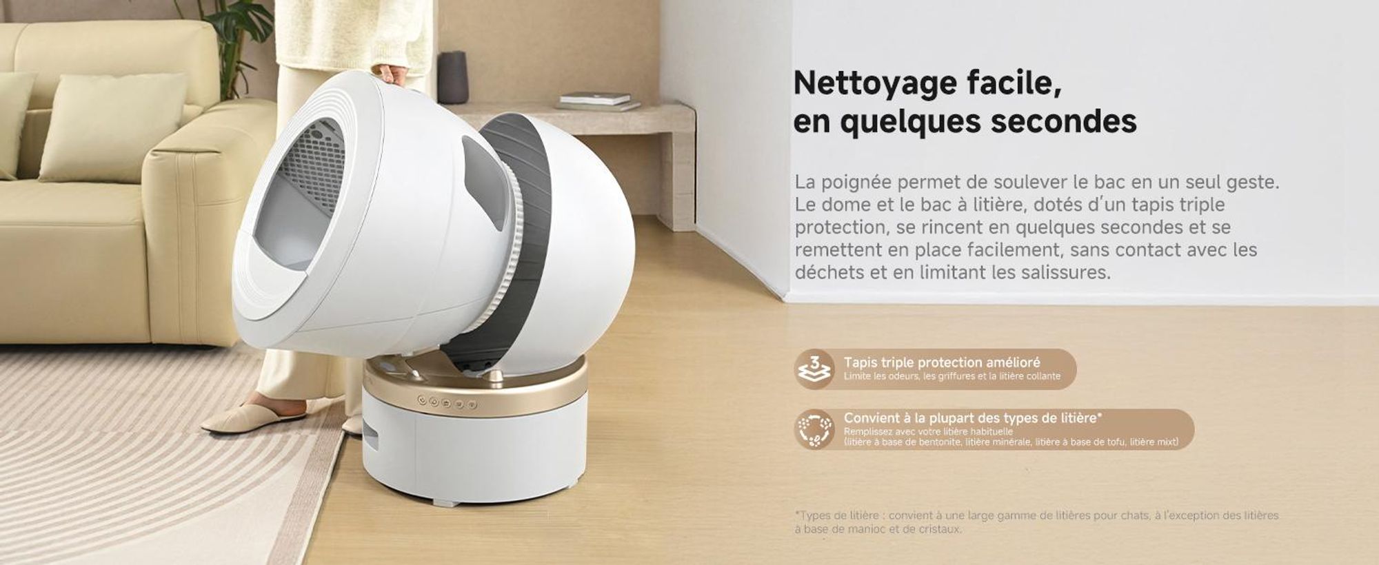 MOVA LR10 Prime Bac à litière automatique blanc, 110 L d’espace intérieur, jusqu’à 15 jours de nettoyage autonome, double système anti-odeurs, 12 disp