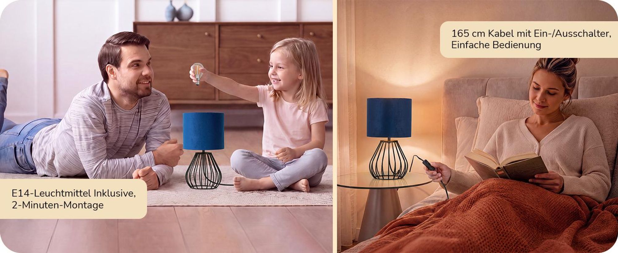 EDISHINE Nachttischlampe, Dunkelblau-Samt-Lampenschirm, inklusive 4W LED E14-Fassung, 2700K Warmweiß, schwarzer Metallsockel im Tropfen-Design