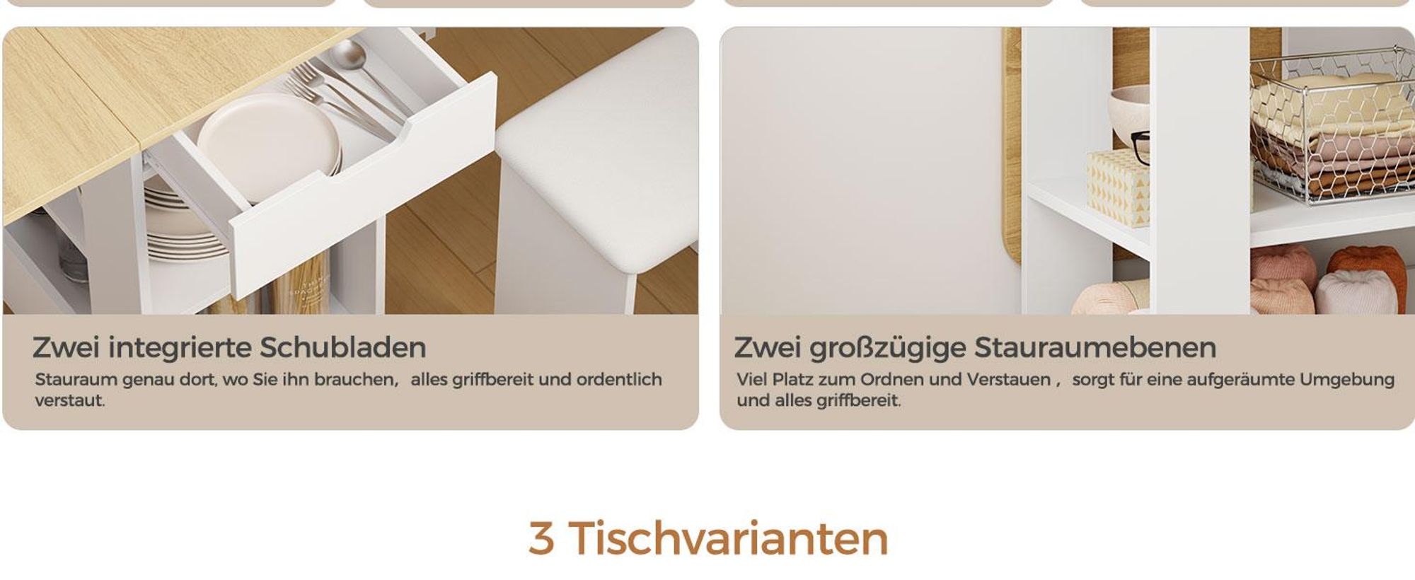 Mondeer Klapp-Essgruppe mit 4 Hockern Platzsparend, Rollen, 2 Schubladen & Ablageflächen Eiche und Weiß