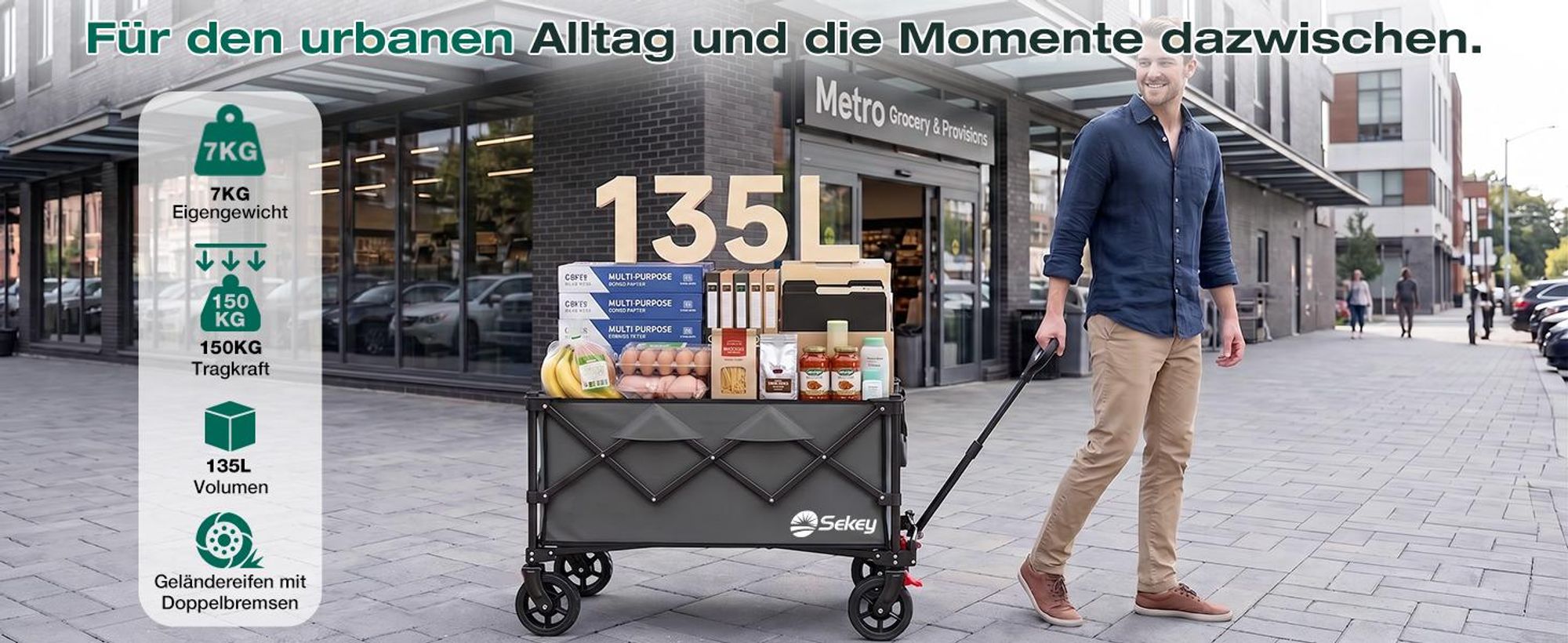 Sekey Bollerwagen faltbar 150 kg mit Bremsen, klappbarer Handwagen für Garten und Ausflug, Anthrazit
