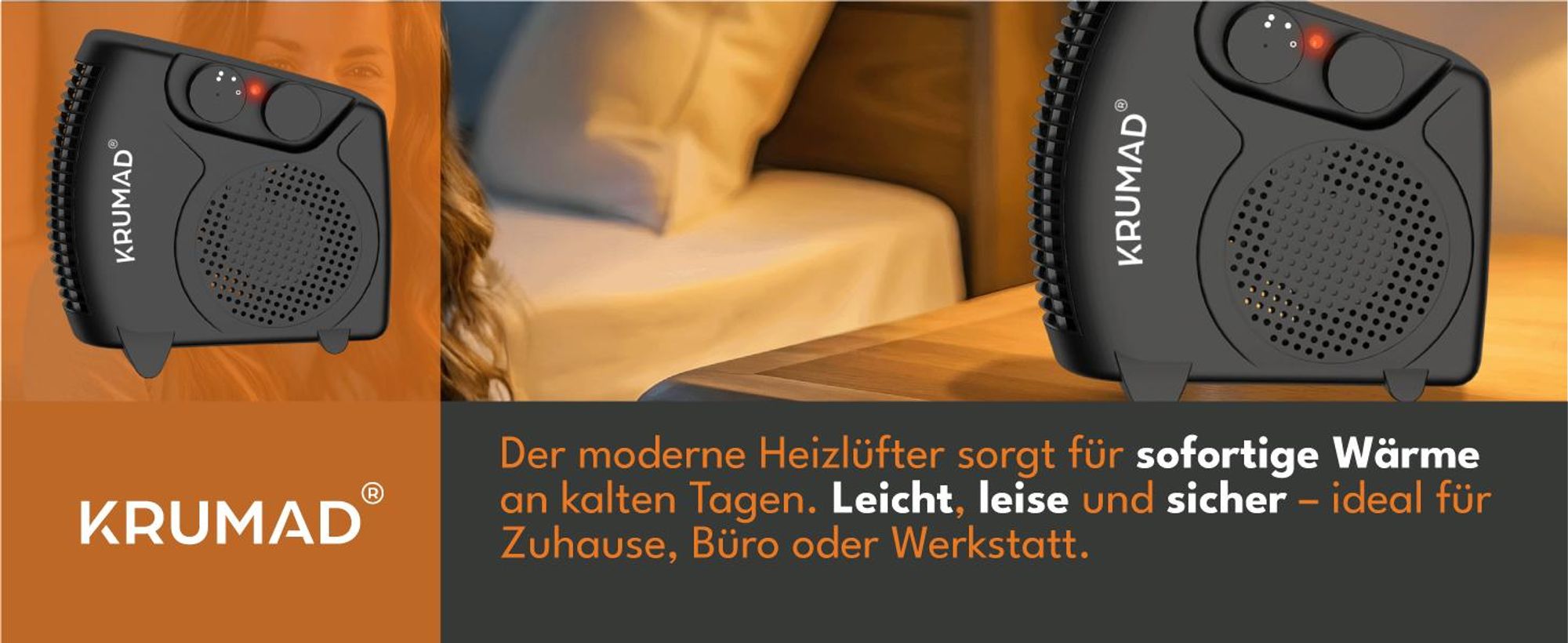 KRUMAD Heizlüfter 2000W – kompakter Elektroheizer 2 Heizstufen – leiser Schnellheizer für Zuhause, Büro & Schlafzimmer