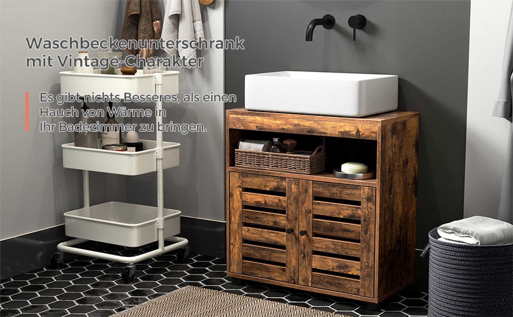 VASAGLE Waschbeckenunterschrank, Badezimmerschrank, Aufbewahrungsschrank, 60 x 30 x 63 cm, mit 2 Lamellentüren, verstellbares Brett