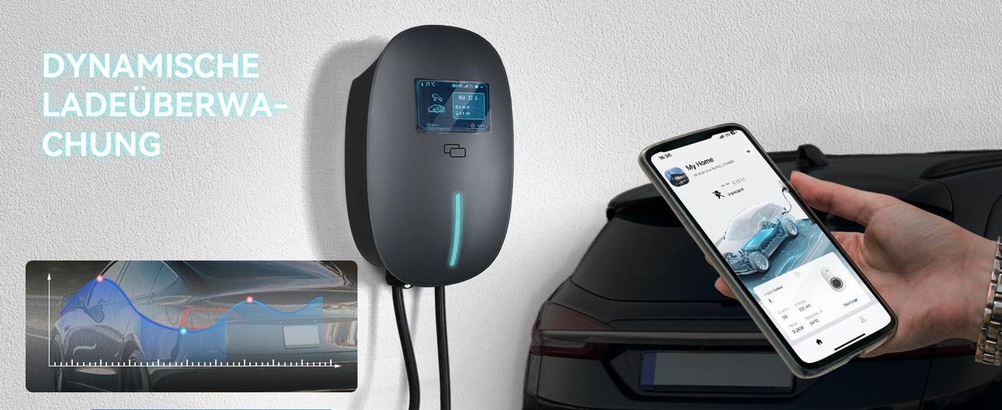 Puluomis Wallbox Ladestation 22kW Ladekabel 7m Typ 2 mit Halter,EV Ladegerät 3-phasig 6-32A einstellbar, IP65 mit Wlan & Bluetooth 24h Timer Grau