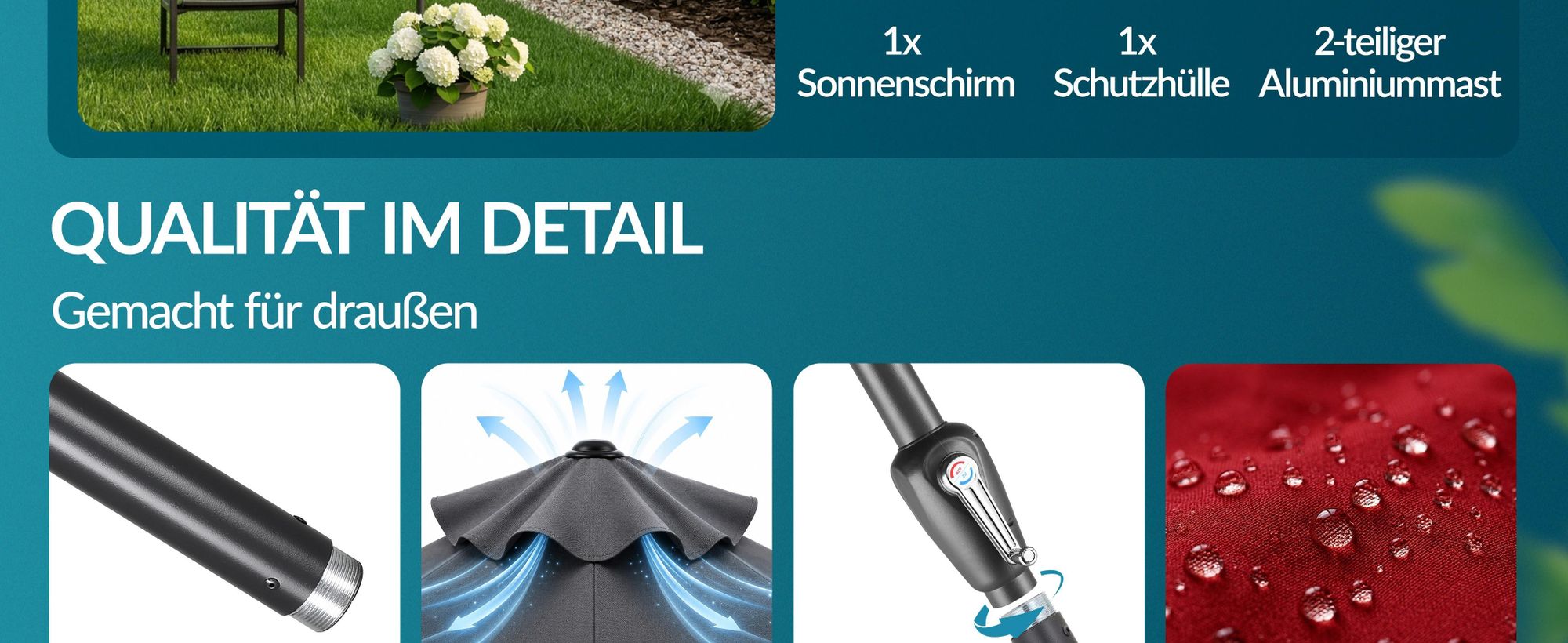 KINGSLEEVE® Sonnenschirm LED Beleuchtung UV Schutz 80+ Solar Schutzhülle 330cm Groß Kurbel Volant Balkon Terrasse Gartenschirm Marktschirm Rot