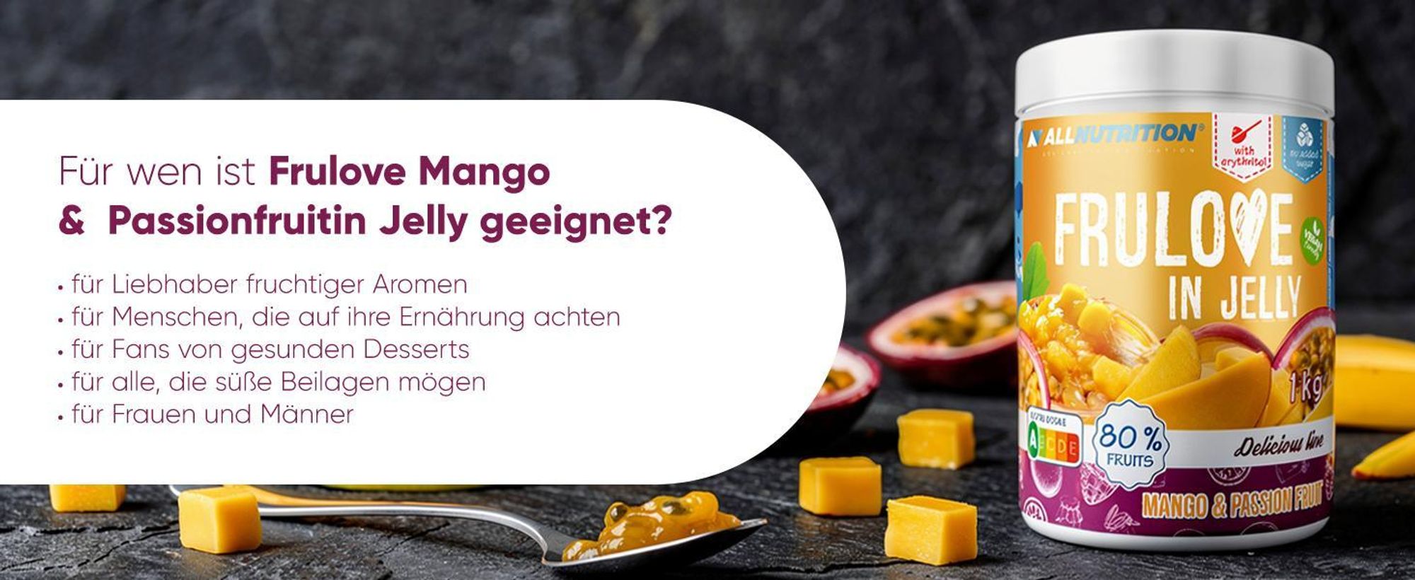 ALLNUTRITION FRULOVE In Jelly Mango & Passion Fruit 1000g Marmelade Früchte Mango-Passionsfrucht