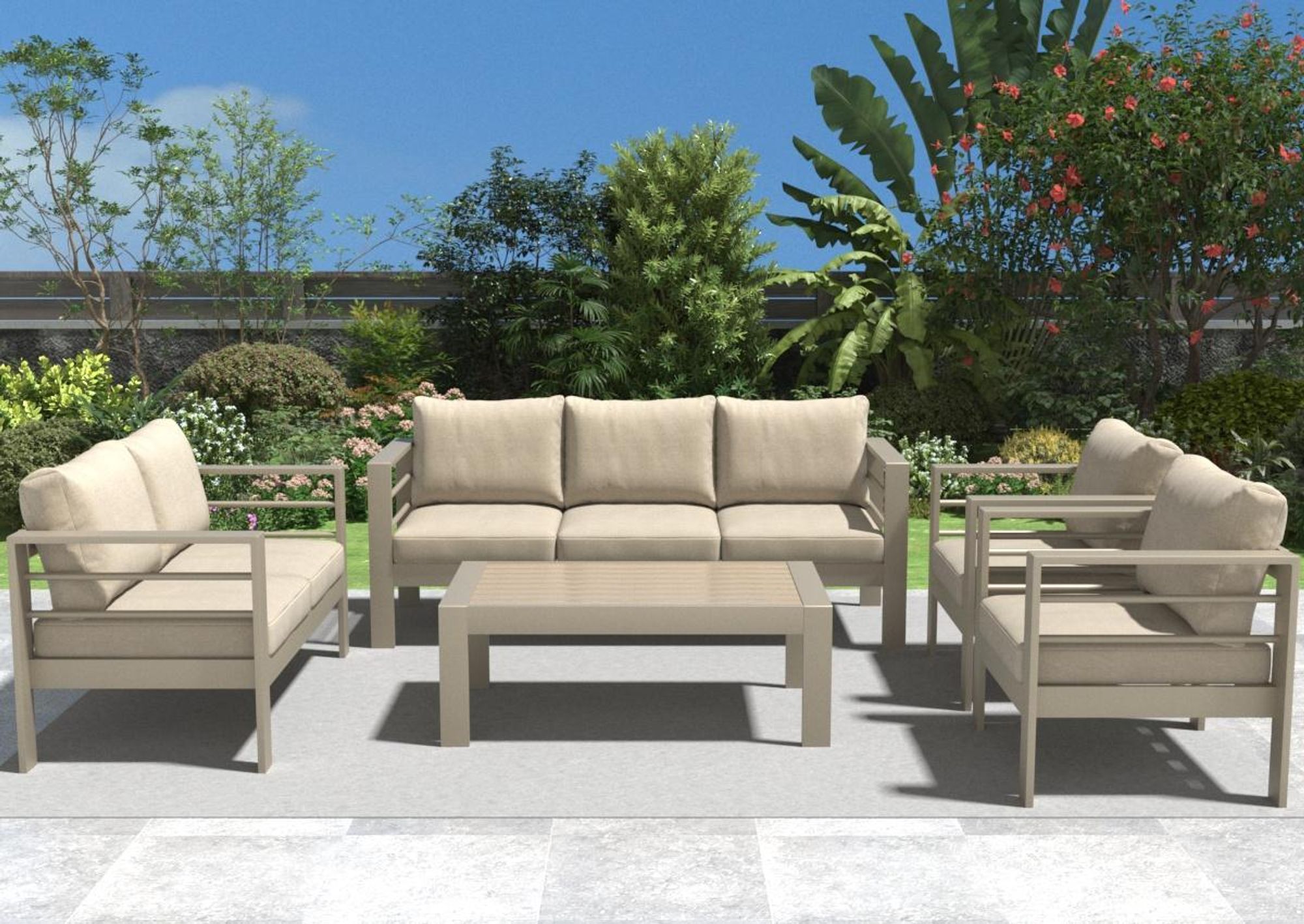 MeXo Gartenmöbelset, Loungeset Aluminium für 6-7 Personen mit Kissen & Couchtisch Indoor Outdoor Balkon Garten Terrasse (Sitzgruppe, Aluminiumrahmen)