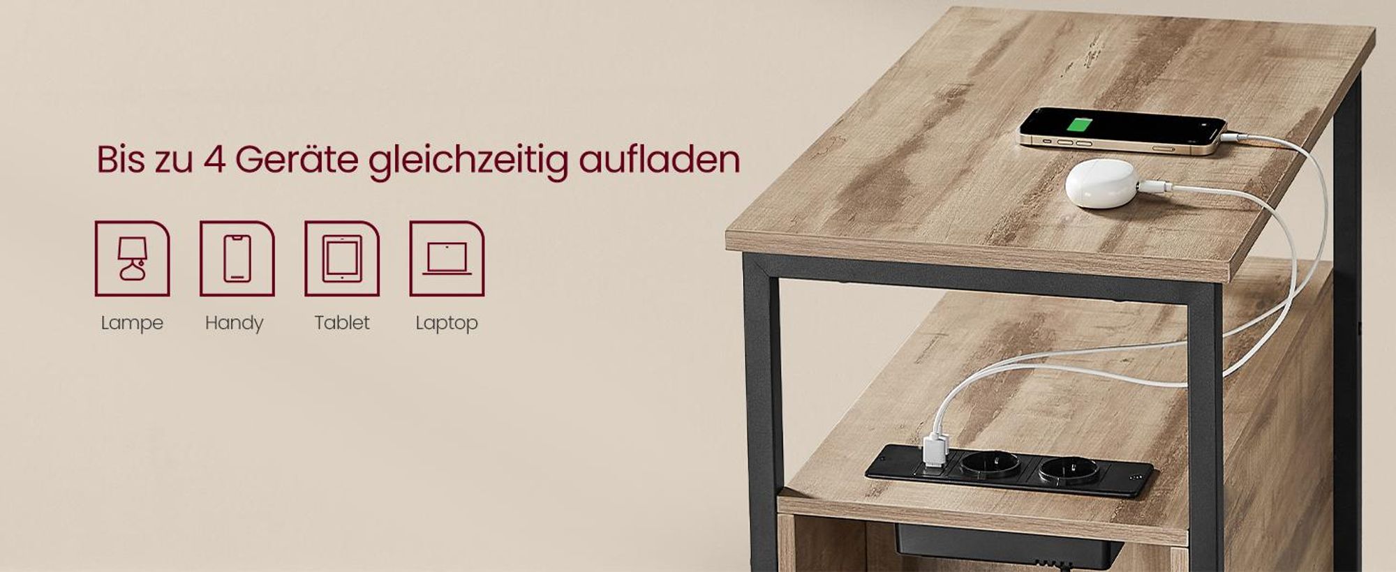 VASAGLE Beistelltisch, Nachttisch mit Steckdosenleiste, Sofatisch, Nachtschrank