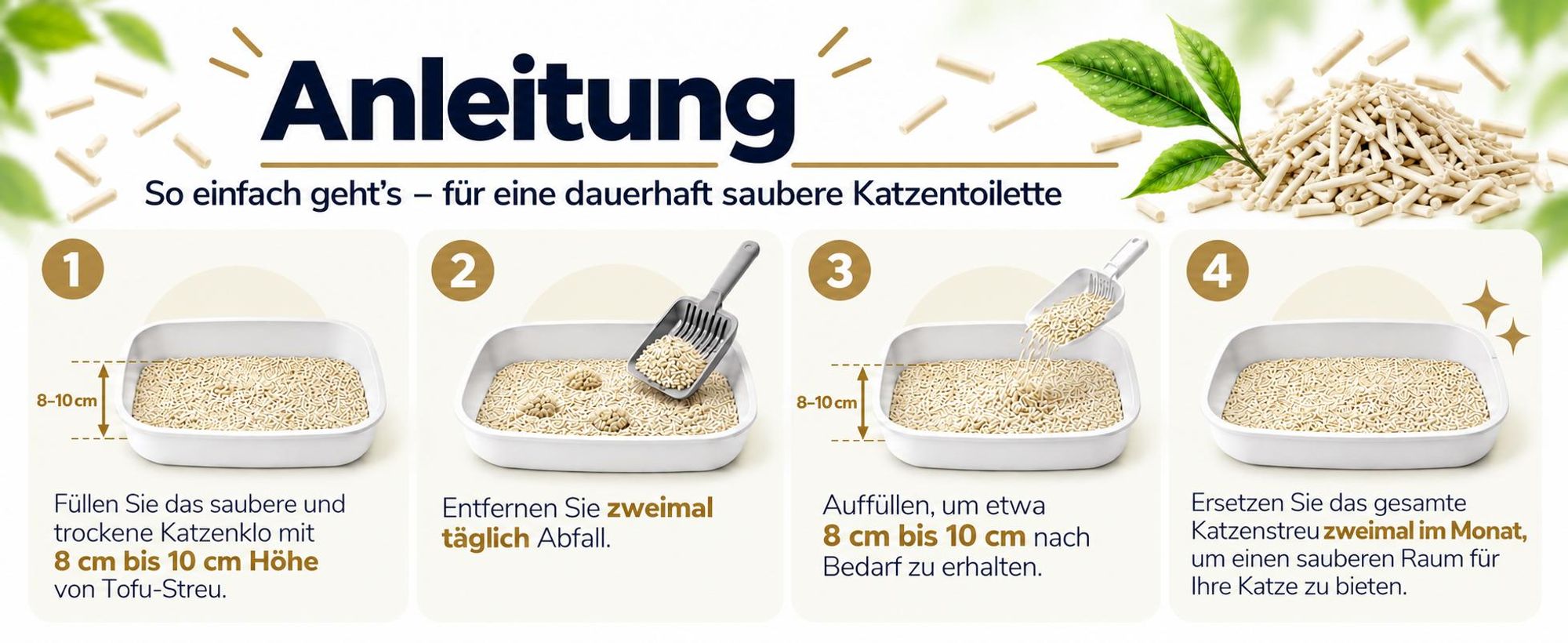 Anleitung zur Verwendung von PET VIOLET Tofu Katzenstreu Natur im Katzenklo