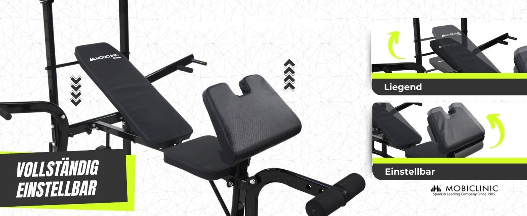 Mobiclinic Multifunktionale Trainingsbank Hantelbank verstellbar Pressfit Verstellbar klappbar Stahl Belastbar bis 250 kg Unterstützung für Stangen