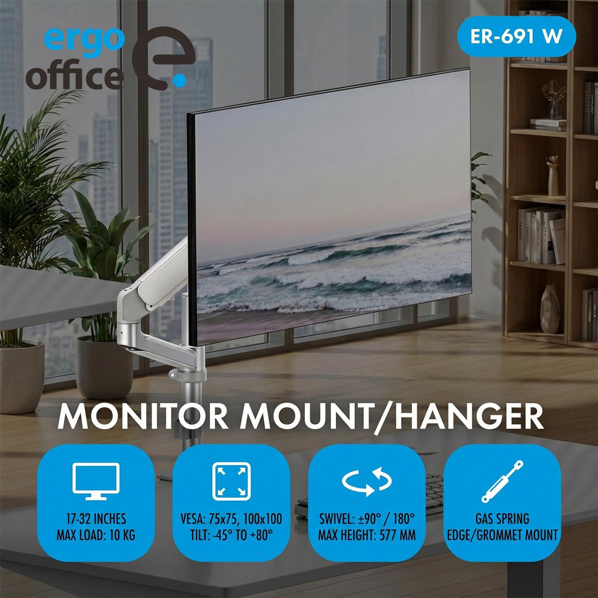 Ergo Office Monitorhalterung/-aufhängung Gasfeder 17"–32" 1–10 kg mattweiß max. VESA 100×100, ER-691 W