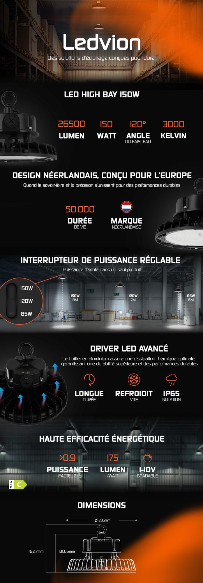 Ledvion High Bay LED Lineaire 150-120-85W 175lm/W 3000K Dimmable IP65