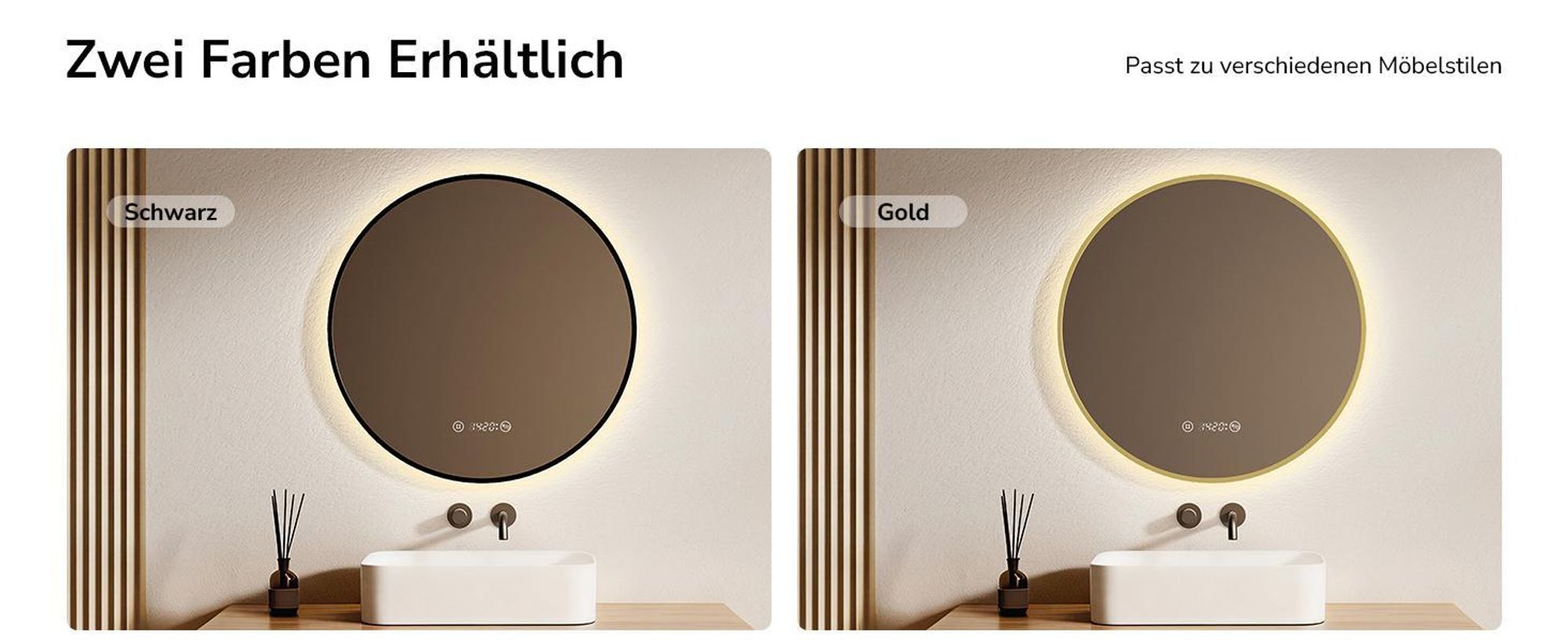 EMKE Badspiegel Rund LED Spiegel mit Beleuchtun ф80cm Gebürstetem Goldrahmen Rund Badezimmerspiegel mit Beschlagfrei, Uhr, Temperatur, Dimmbar, Memory-Funktion - Neutrale Lichts 4300K