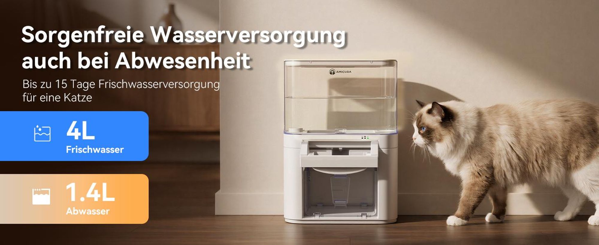 Kabelloser 5-in-1-Wasserbrunnen für Katzen, AMICURA A10, 180 Tage Laufzeit, 10.000 mAh, 2 l großes Fassungsvermögen