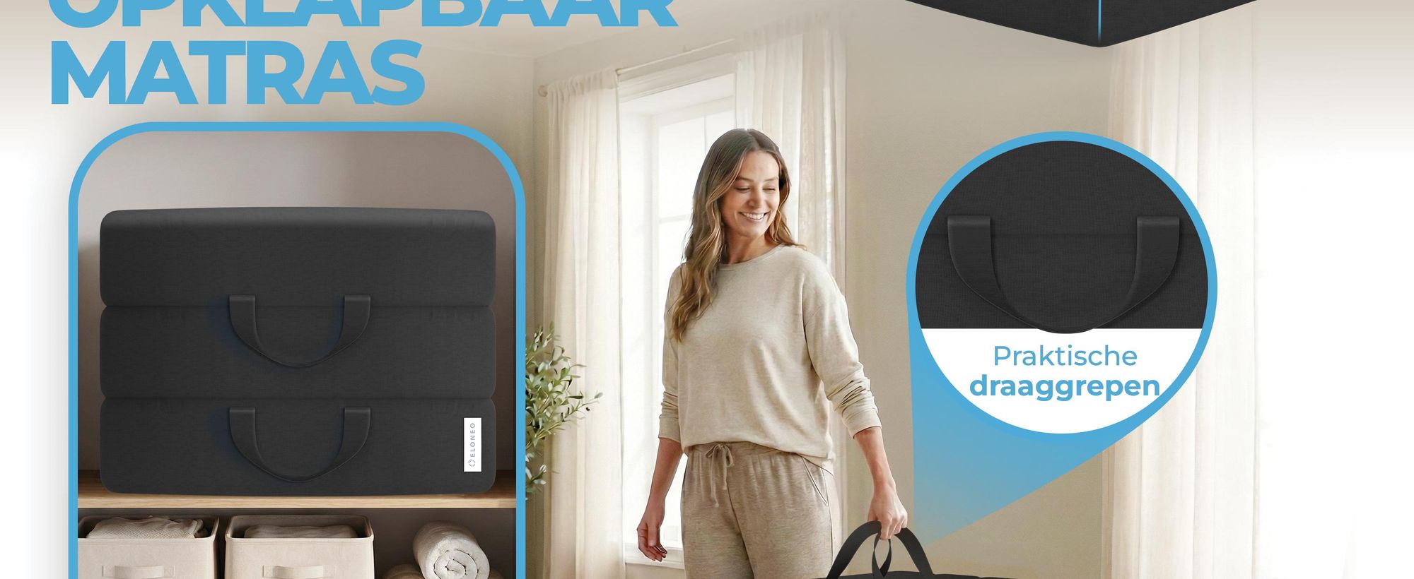 ELONEO Opklapbare matrassen, gastenmatrassen, 3-delige opvouwbare matrassen, extra dik schuim (15 cm), geschikt voor mensen met rugproblemen, opvouwbaar, (zwart)