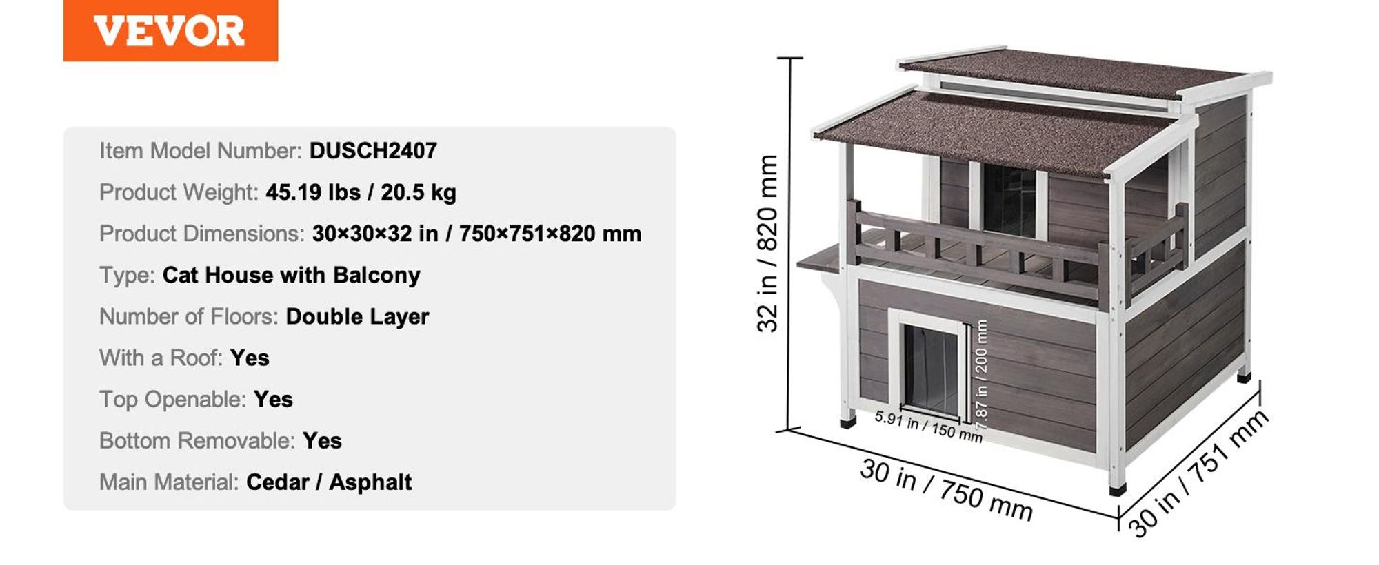 VEVOR Katzenhaus für draußen, wetterfest, Unterschlupf für Wildkatzen für mehrere Katzen, großes 2-stöckiges Katzenhaus aus Holz für draußen mit Balkon, Türen, PVC-Türklappen und offenem Dach, 76,2 cm L x 76,2 cm B x 81,3 cm H