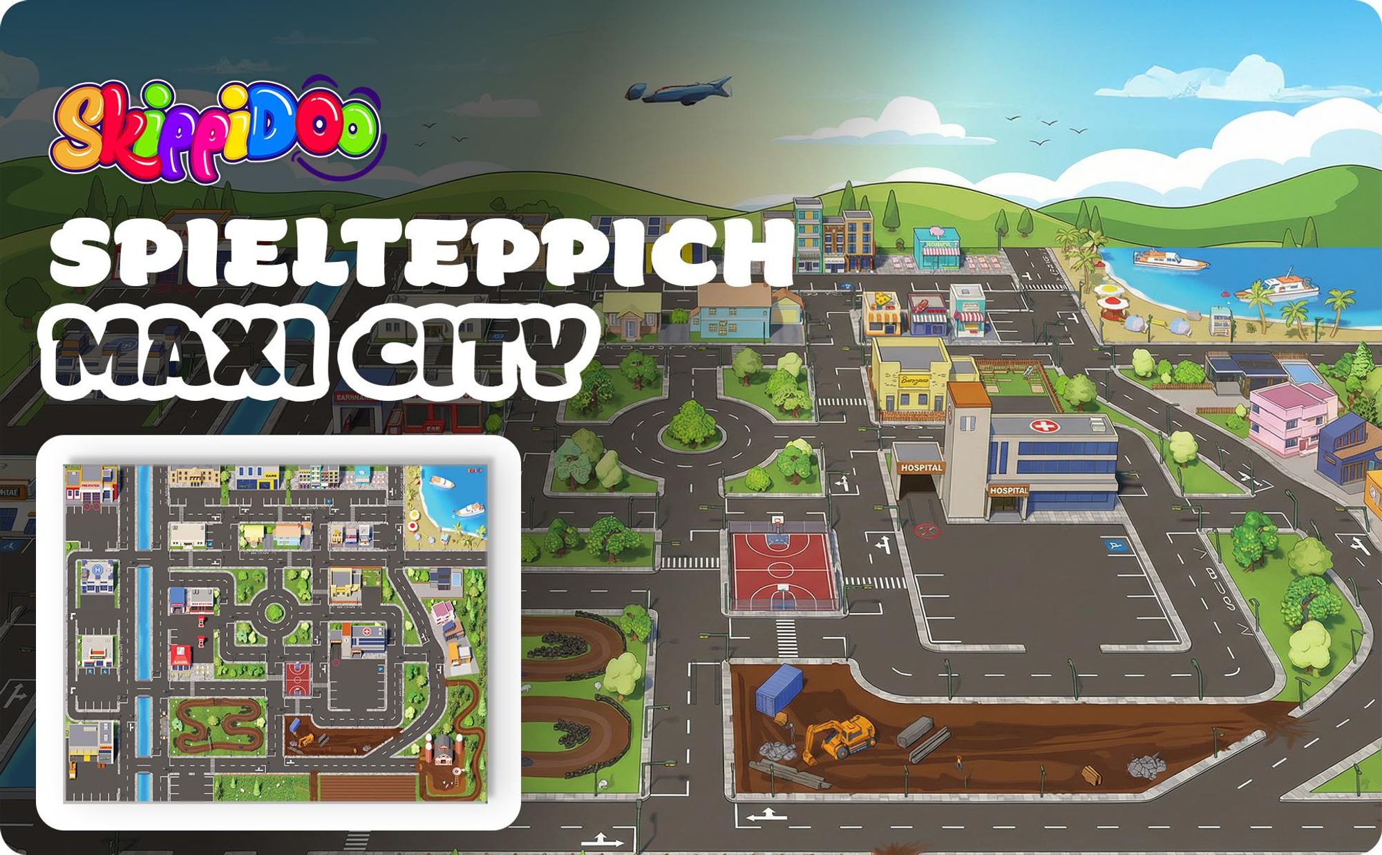 SkippiDoo Kinder Spielteppich Straßenteppich (200x160 cm) - rutschfest & -zertifziert - Teppich Jungen & Mädchen Kinderzimmer, Kinderteppich