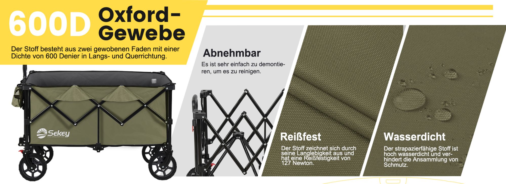 Sekey XXL 200KG Belastbar Bollerwagen Faltbar mit Spanngurte, 17x4 cm Reifen, Olivgrün