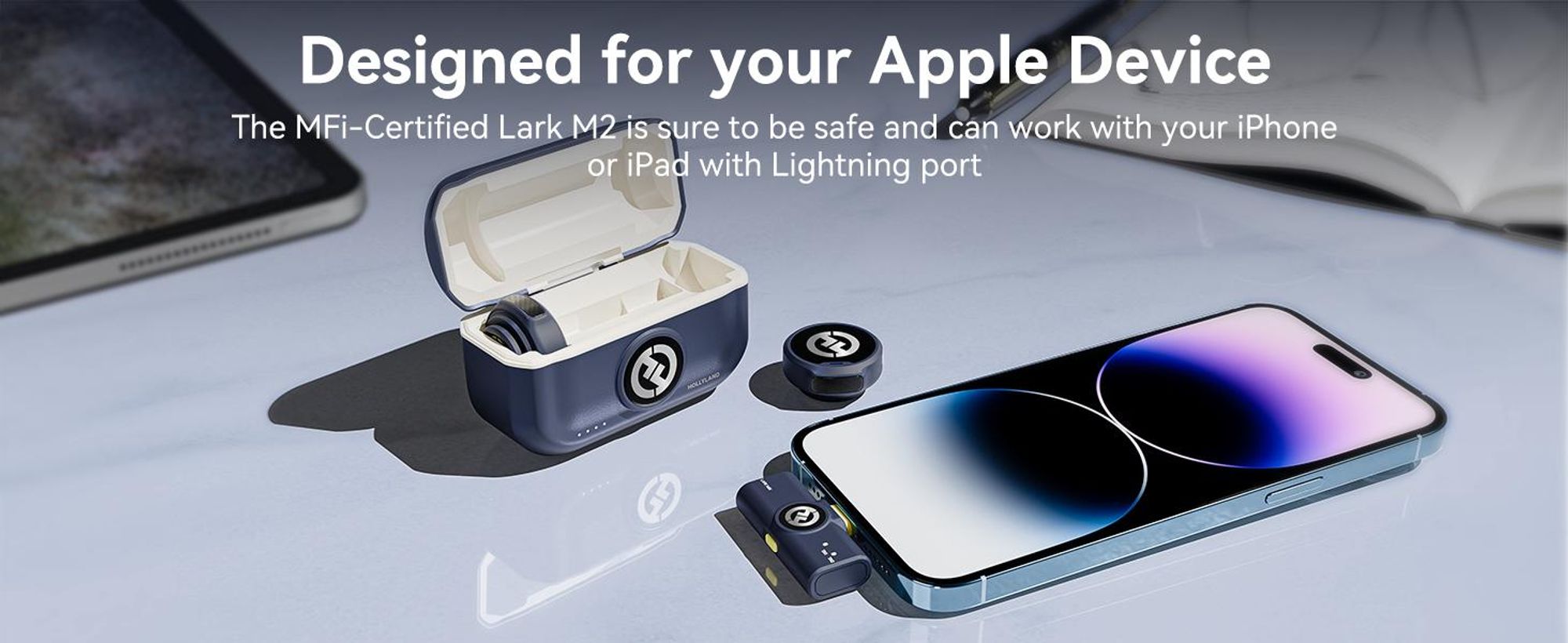 Hollyland LARK M2 draadloze laafmicrofoon met Lightning-connector – ENC, hifi-geluid, lange batterijduur, ontvanger voor camera en mobiel