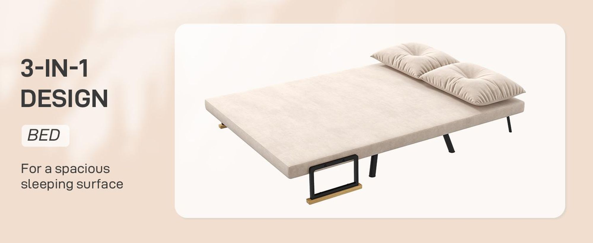 Sofa rozkładana HOMCOM 4 w 1, 2-osobowa sofa z funkcją spania, 183 x 98,5 cm, rozkładana sofa z 5-poziomową regulacją oparcia, poduszką lędźwiową i aksamitnym wykończeniem do salonu, beżowa