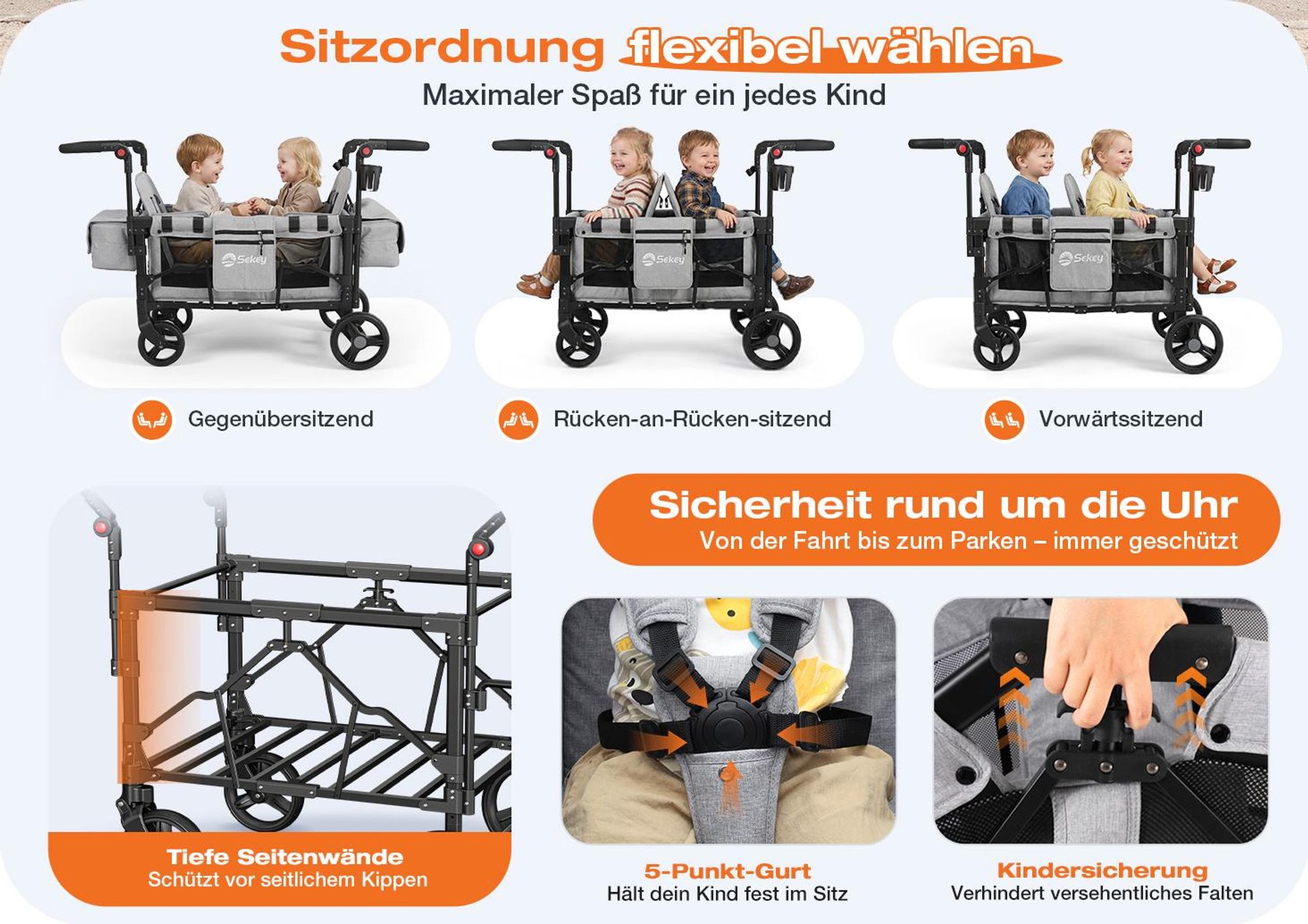 Sekey Bollerwagen Faltbar mit Dach Zwillingsmodus Kinderwagen Doppelsitz mit 2x 5-Punkt-Gurtsystem, Grau
