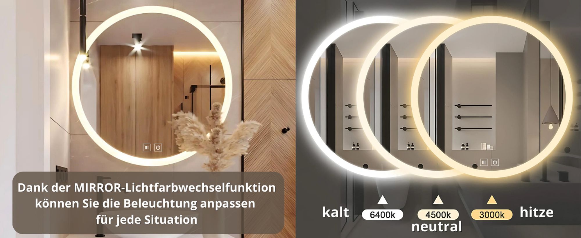 LED Badspiegel Rund 80 cm – Anti-Beschlag, 3 Lichtfarben (CCT), stufenlos dimmbar, Touch Sensor, IP44, rahmenlos moderner Badezimmerspiegel