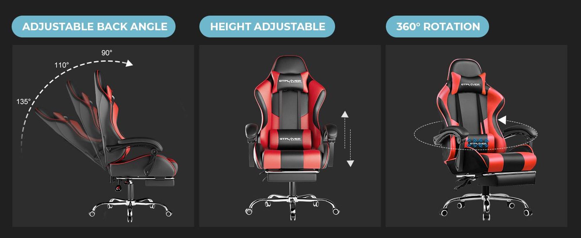 GTPLAYER chaise de jeu, chaise de bureau ergonomique avec fonction de massage et repose-pieds, poignée de connexion, base en acier, rouge