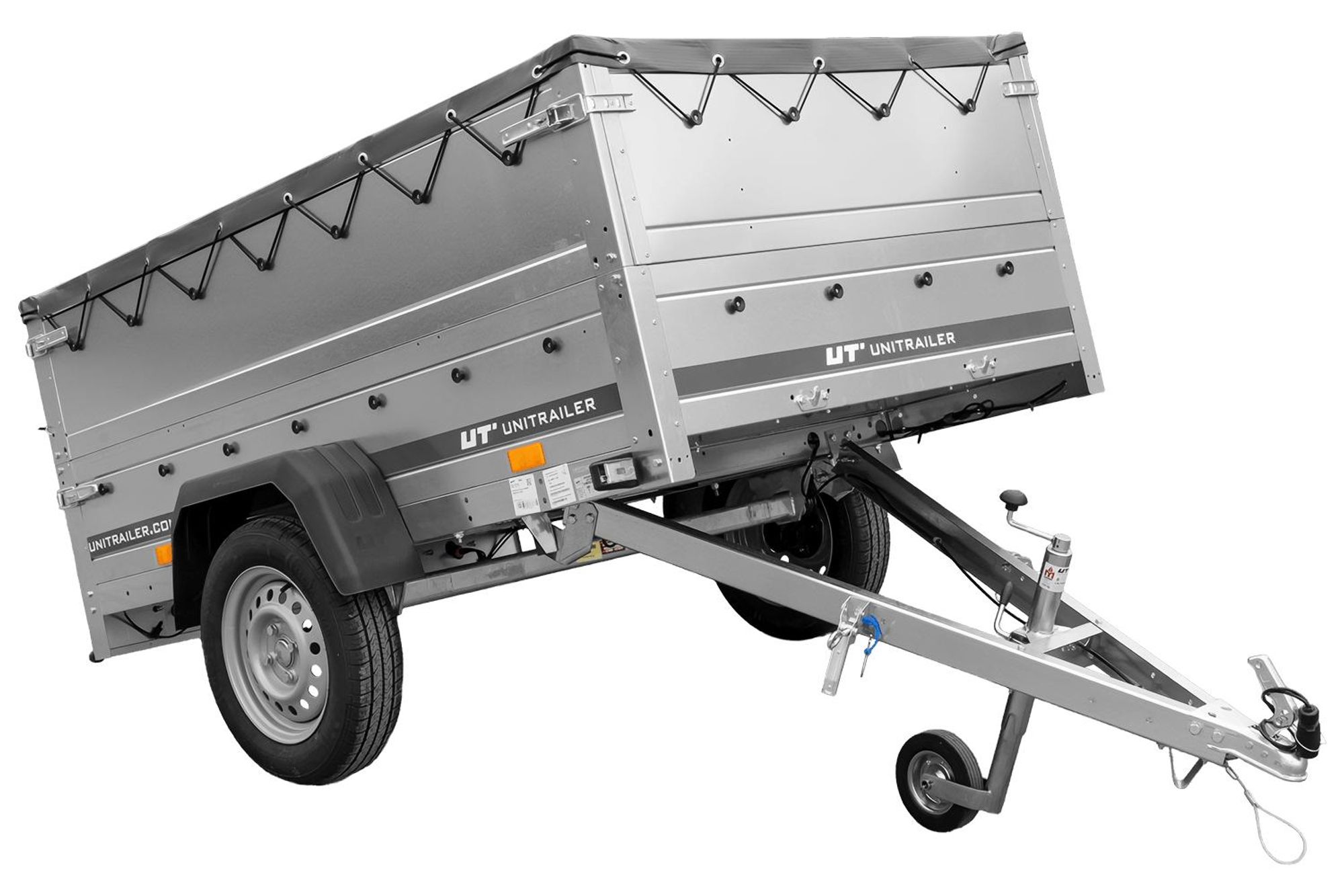 Pkw Anhänger kippbar 750 kg GARDEN TRAILER 201 KIPP mit zusätzlichen Bordwänden, Stützrad und grauer Flachplane