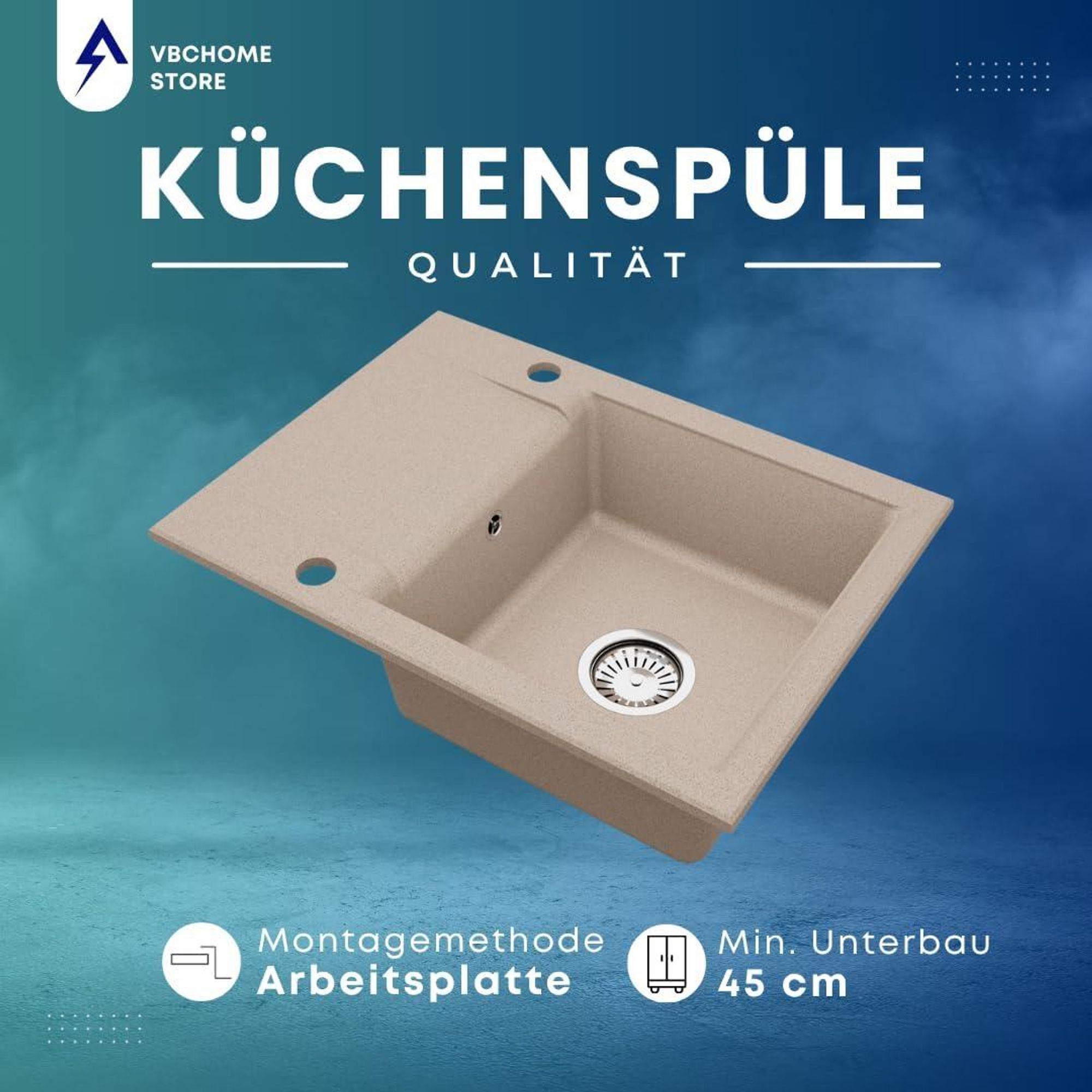 VBChome Granitspüle Beige 59 x 44 cm Einzelbecken Einbauspüle Reversibel Gesprenkelt Pflegeleichtes Spülbecken mit Siphon Ideal für kleine Küchen