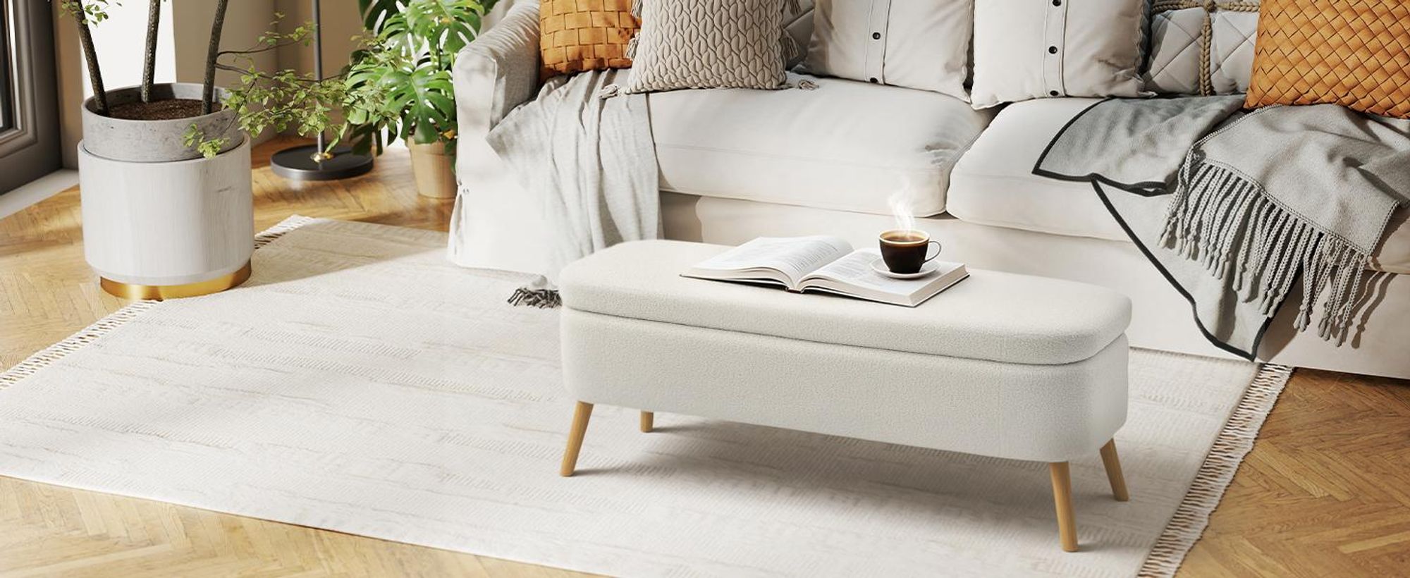 HOMCOM Sitzbank mit Stauraum Polsterbank mit Fleece-Optik, Holzbeine Cremeweiß
