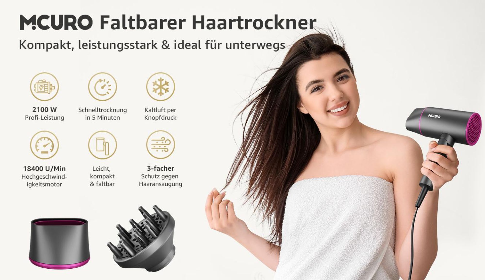 MCURO Haartrockner Ionen 2100W, Profi Föhn mit Heiß-/Kaltlufttaste, 2 Heizstufen & 3 Geschwindigkeiten, Faltbarer Reisehaartrockner, Schnelltrocknend, Grau