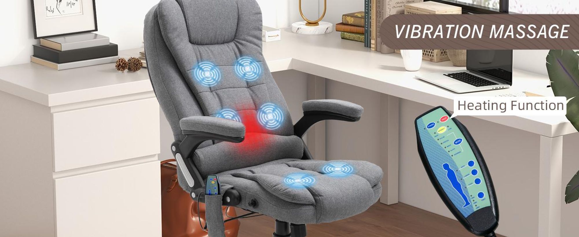 Fotel biurowy Vinsetto z funkcją masażu. Ergonomiczny fotel gabinetowy z funkcją podgrzewania, odchylania i bujania. Regulowana wysokość, obrotowy o 360°. Fotel komputerowy z kieszenią boczną, imitacja lnu, szary.