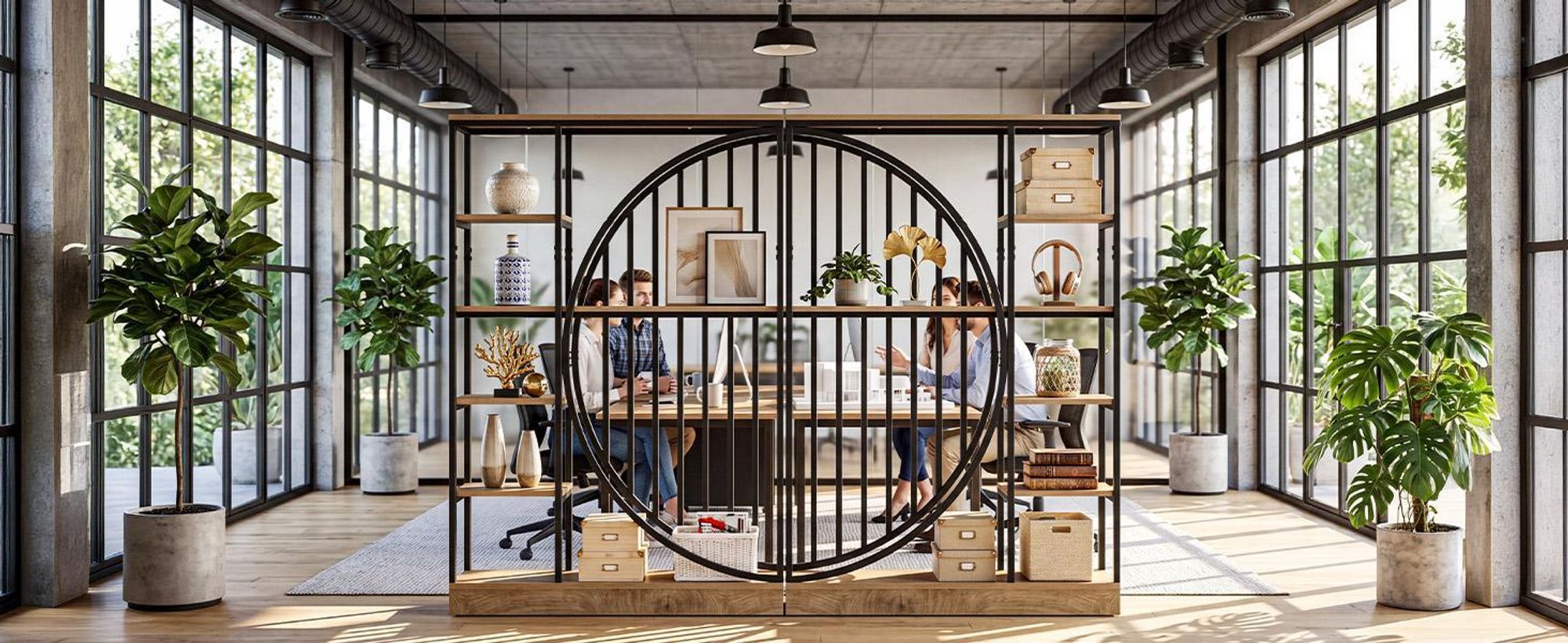 Tribesigns Raumteilerwand, 180 cm,freistehender Raumteiler mit 5 Ablagefächern, Trennwand Holz Industriestil mit geometrischem Kreismuster, Homeoffice