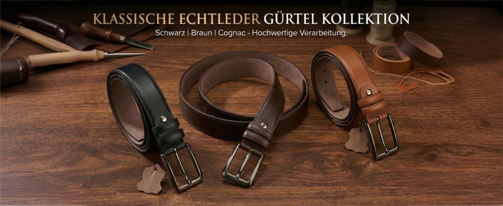 Klassische Echtleder Gürtel Kollektion in Schwarz, Braun, Cognac mit Werkzeug.