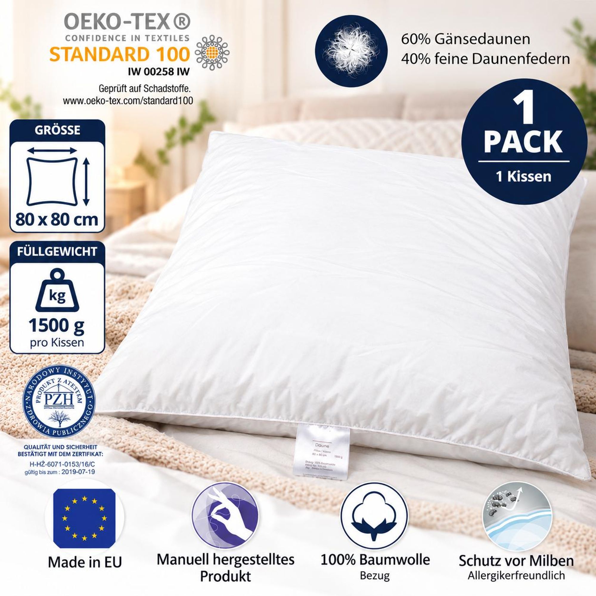 1-er Set | Kopfkissen 80x80 cm | Füllung: 1500 Gramm Daunen | 100% Natur Kissen | Bezug: 100% Baumwolle | Daunenkissen 80 x 80 cm