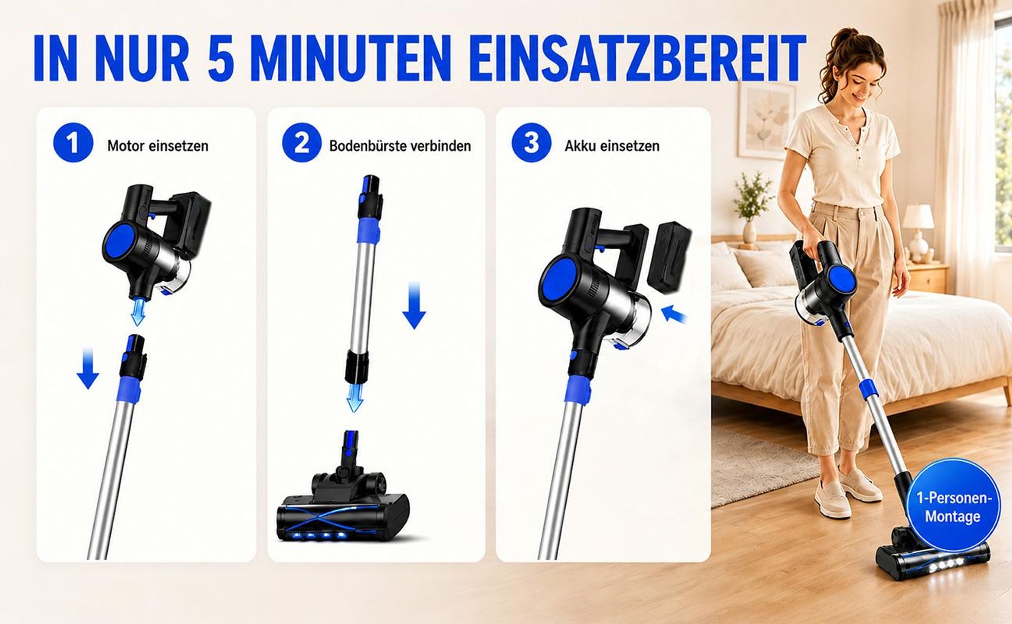 Akku Staubsauger, Staubsauger Kabellos,Kabelloser Staubsauger, 5 in1 Akkustaubsauger Bürstenloser Motor 55min, für tierhaare, 4HEPA