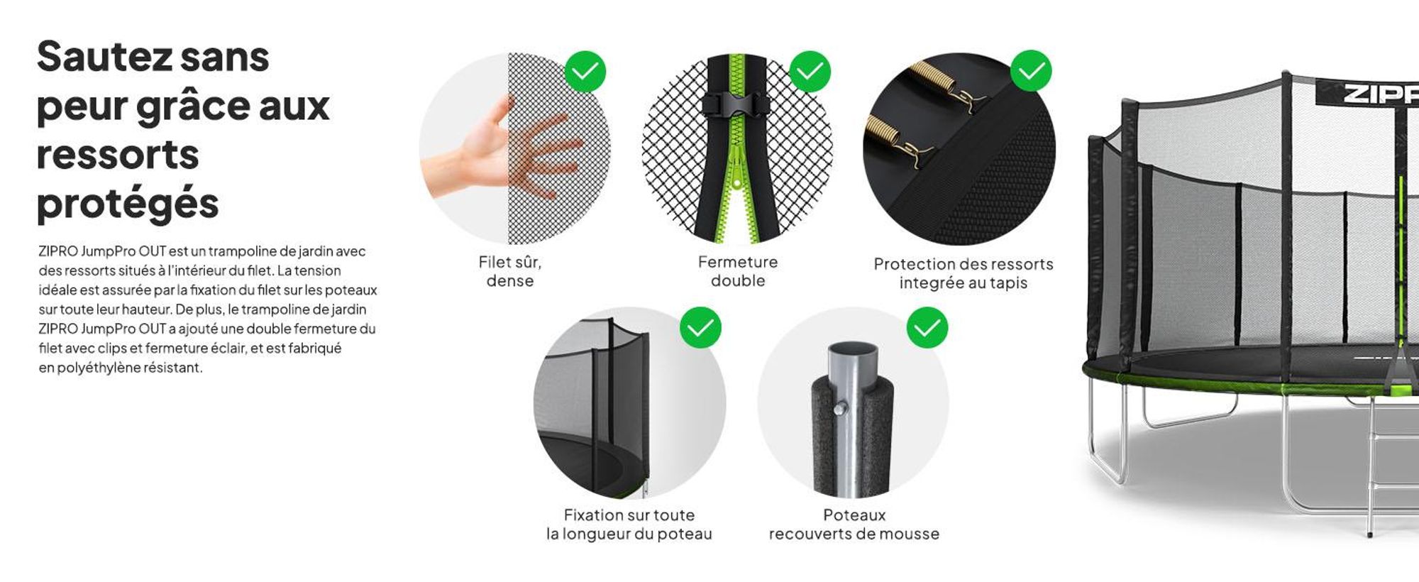 Trampoline ZIPRO Jump Pro Out | 16FT Ø 496 cm | Trampoline de jardin Trampoline pour enfants Kit complet avec filet extérieur, échelle et housse de protection, pour l'extérieur, vert