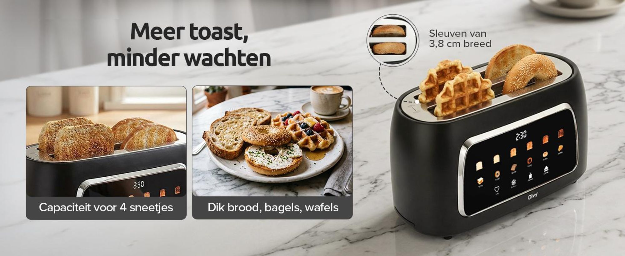 Olvy Broodrooster, 4 sleuven, lange sleuven, digitaal display met timer, 6 bruiningsgraden, brede sleuven, ontdooifunctie en opwarmfunctie, 1500W, zwart