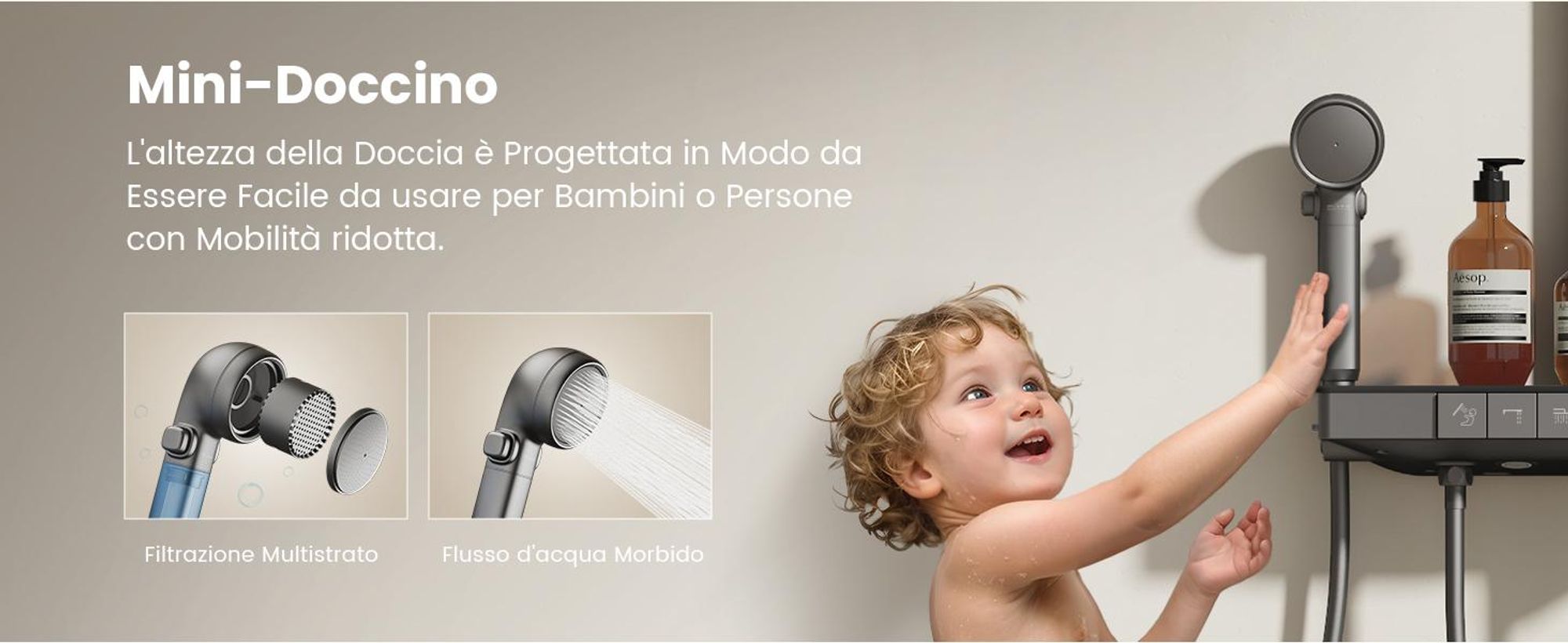 Sistema doccia EMKE® con termostato Antracite opaco con doccia per bambini, display digitale e filtro per il cloro 4 uscite Colonna doccia per famiglie F23