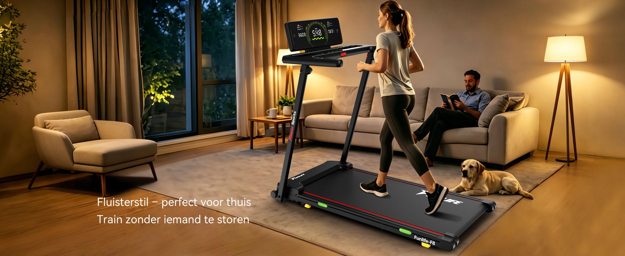 FunLife F8 loopband, inklapbaar met een hellingshoek van 5%, display direct aan de handgrepen, extra breed loopvlak, stil en schokabsorberend, 12 programma's, snelheid 1–12 km/u