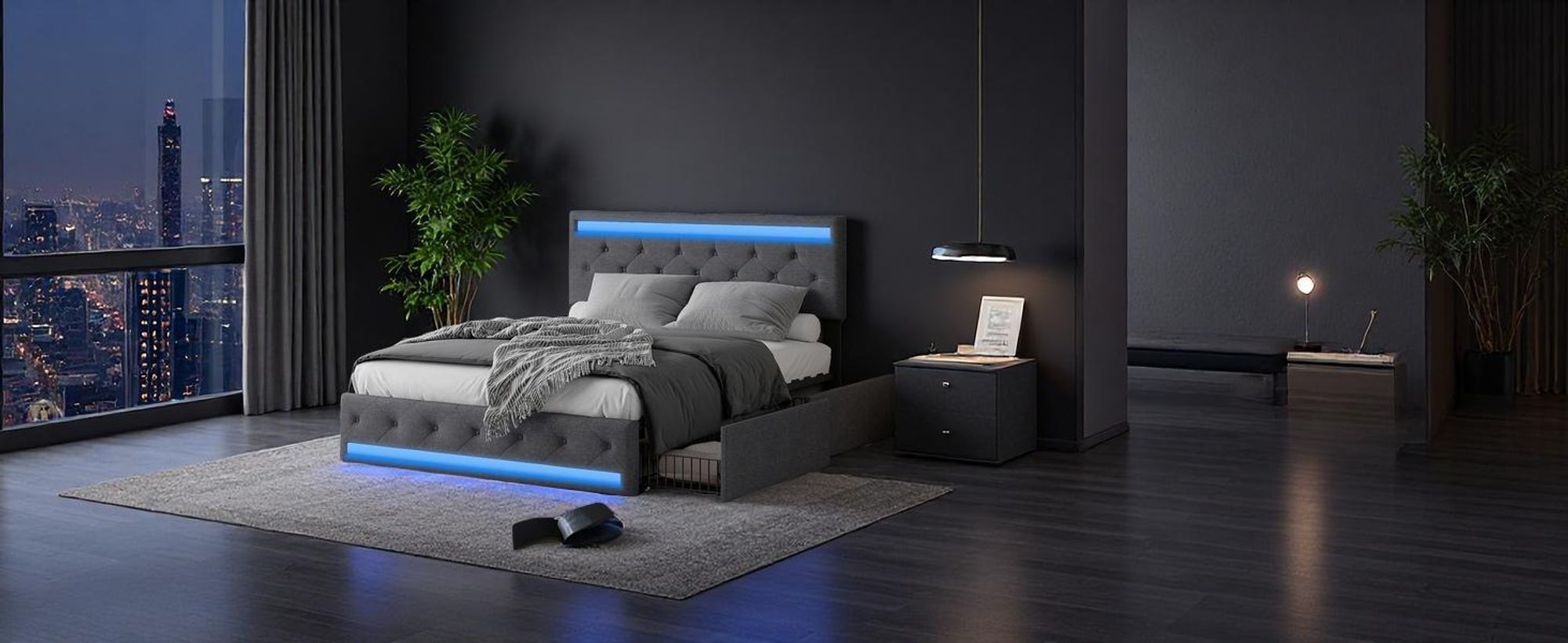 Fortuna Lai Polsterbett 140x200cm mit höhenverstellbarem Kopfteil und 4 Schubladen, LED und USB, Funktionsbett Doppelbett aus Leinen, grau