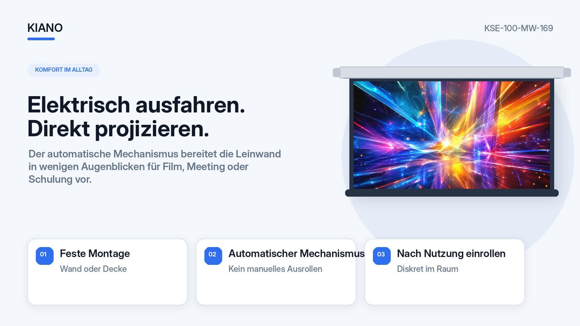 Kiano Electric 100 Zoll Beamer-Leinwand 16:9 Matt White, elektrisch, für Wand und Decke, Heimkino, Büro und Präsentationen